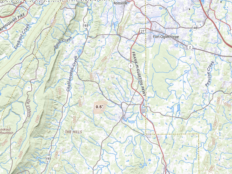 Radar-estimated hail-size map of the storm over Chickamauga, GA on Aug 7, 2026