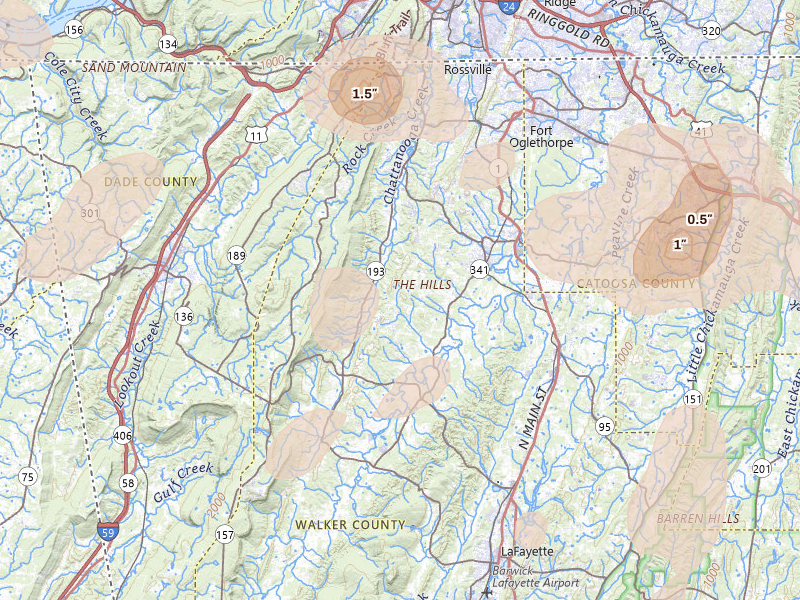 Radar-estimated hail-size map of the storm over Chickamauga, GA on Aug 20, 2026