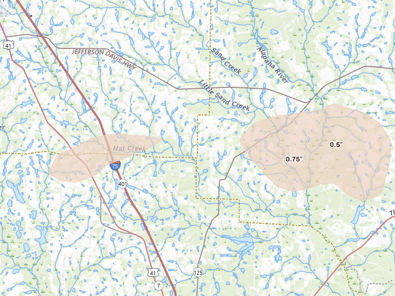 Radar-estimated hail-size map of the storm over Chula, GA on Jul 9, 2026