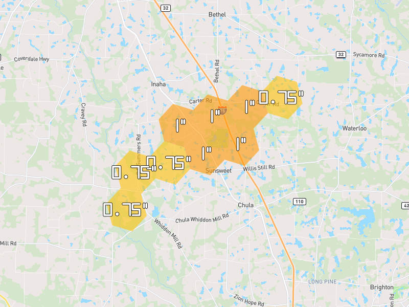 Hail map of Chula, GA on Jul 10, 2026, hail up to 1"