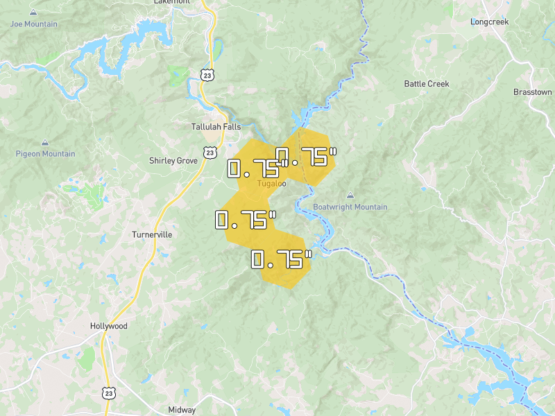 Hail map of Clarkesville, GA on Jun 29, 2026, hail up to 0.75"