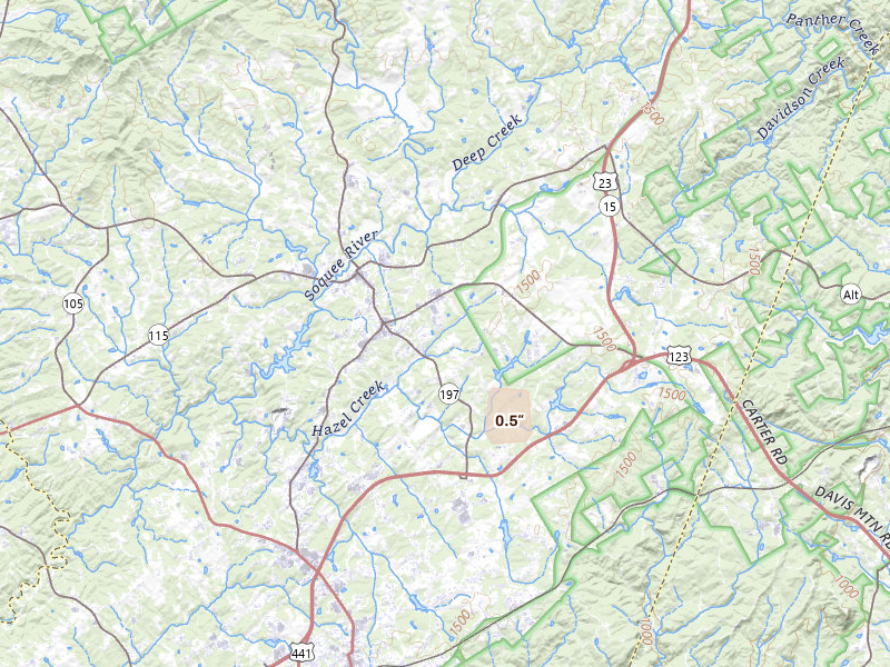 Radar-estimated hail-size map of the storm over Clarkesville, GA on Aug 7, 2026