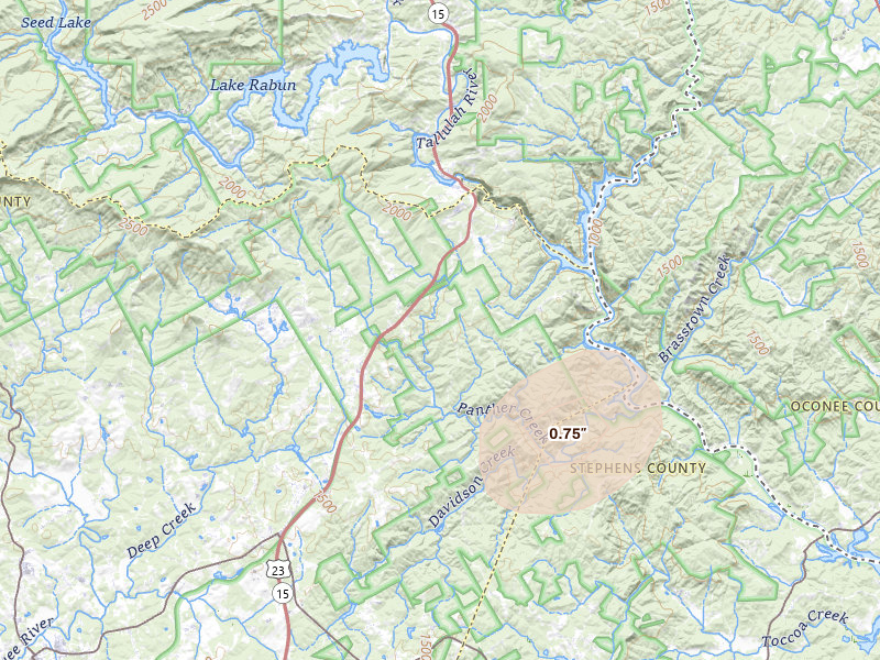 Radar-estimated hail-size map of the storm over Clarkesville, GA on Aug 9, 2026