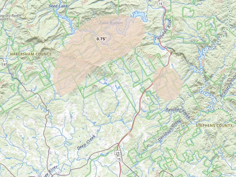 Radar-estimated hail-size map of the storm over Clarkesville, GA on Aug 20, 2026