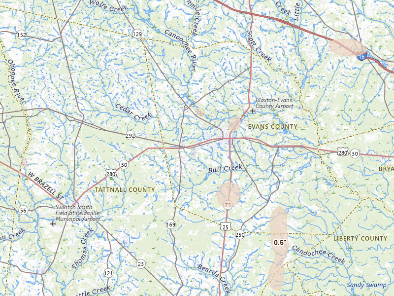 Radar-estimated hail-size map of the storm over Claxton, GA on May 24, 2026