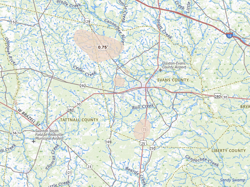 Radar-estimated hail-size map of the storm over Claxton, GA on Jun 14, 2026