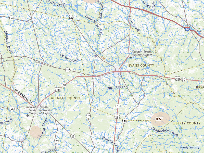 Radar-estimated hail-size map of the storm over Claxton, GA on Jul 5, 2026