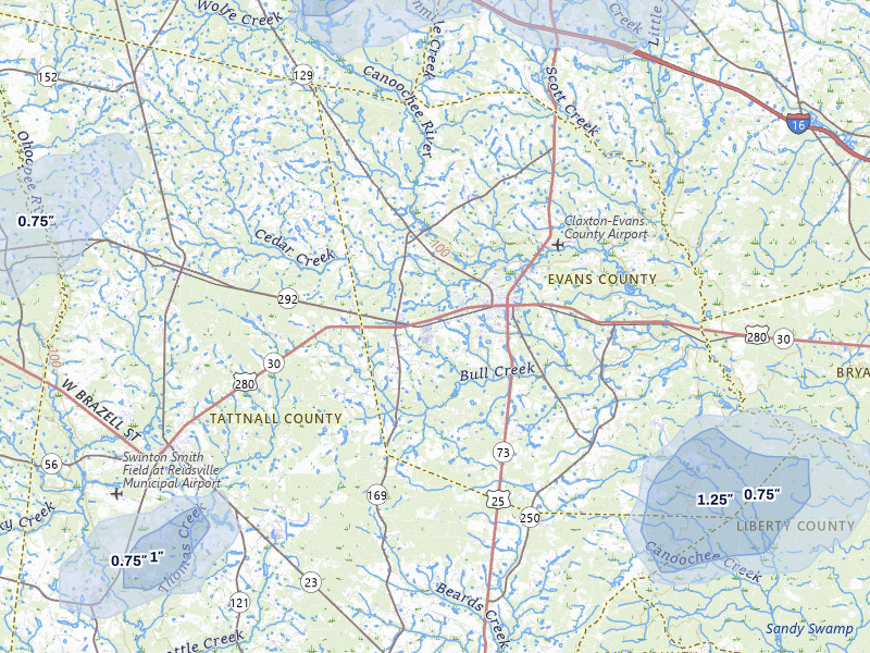 NEXRAD radar-signature map of the hail storm over Claxton, GA on Jul 5, 2026