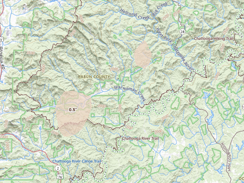 Radar-estimated hail-size map of the storm over Clayton, GA on Jun 10, 2026