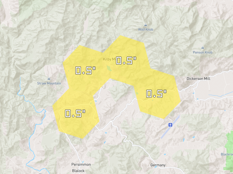 Hail map of Clayton, GA on Jul 1, 2026, hail up to 0.5"