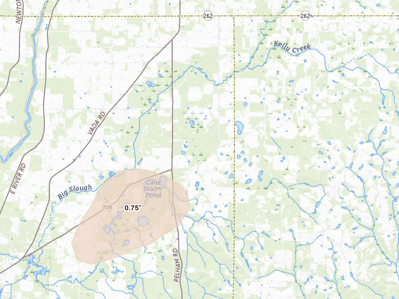 Radar-estimated hail-size map of the storm over Climax, GA on Jun 14, 2026