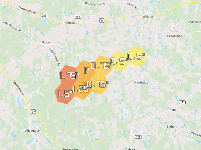 Hail map of Climax, GA on Jul 10, 2026, hail up to 1.75"