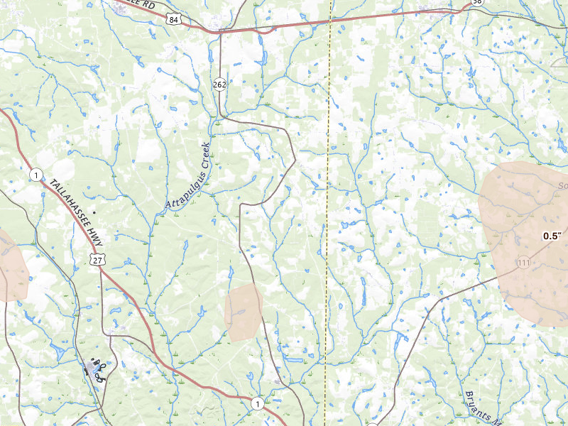 Radar-estimated hail-size map of the storm over Climax, GA on Jul 30, 2026