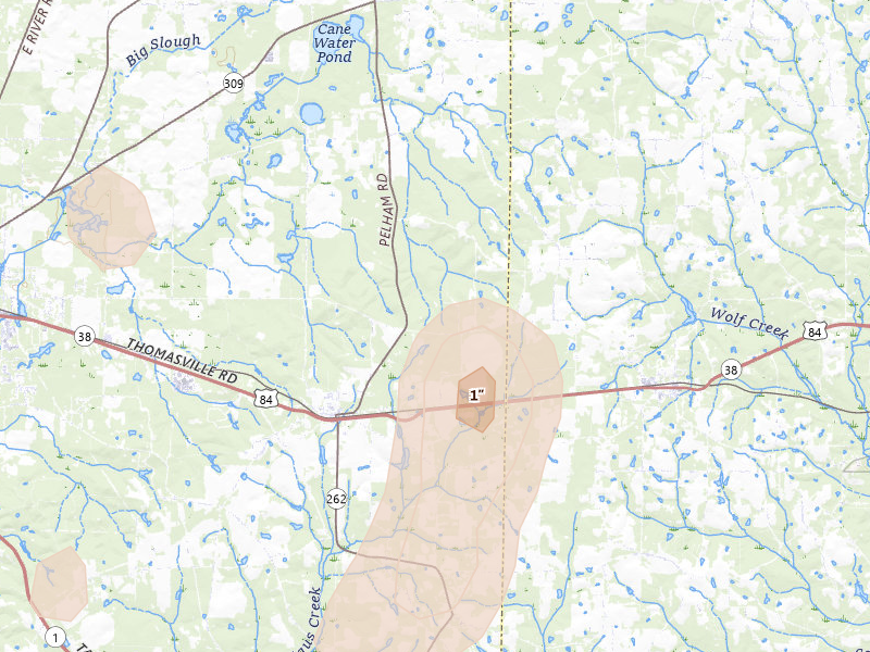 Radar-estimated hail-size map of the storm over Climax, GA on Aug 19, 2026