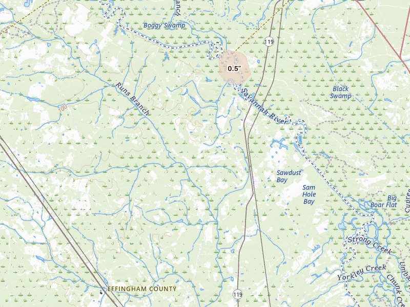 Radar-estimated hail-size map of the storm over Clyo, GA on May 24, 2026