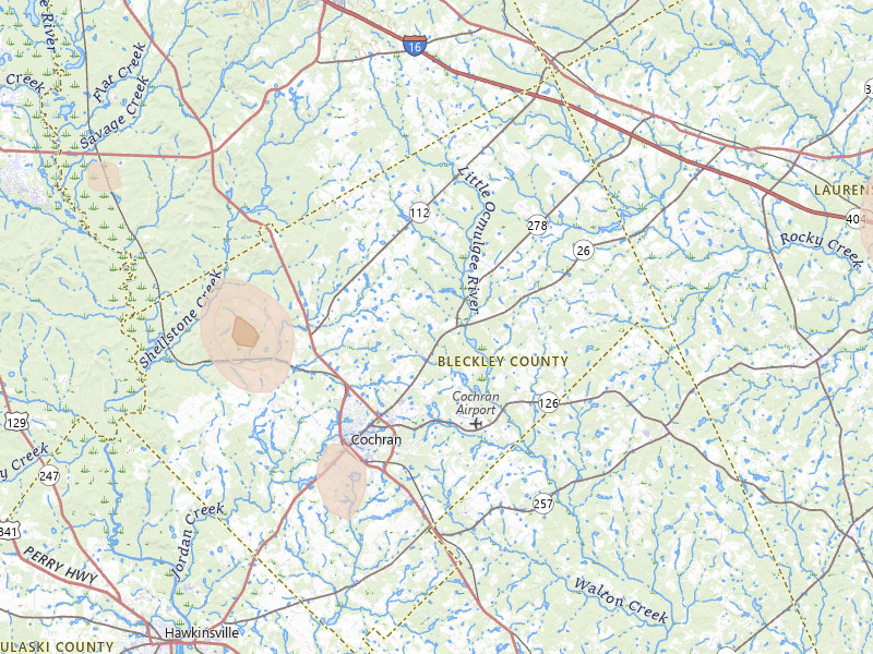 Radar-estimated hail-size map of the storm over Cochran, GA on May 17, 2026