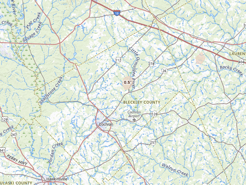 Radar-estimated hail-size map of the storm over Cochran, GA on May 24, 2026