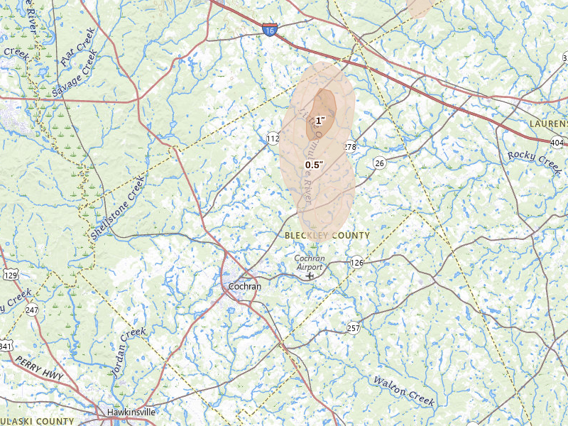 Radar-estimated hail-size map of the storm over Cochran, GA on Jun 29, 2026
