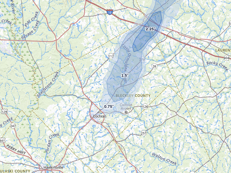 NEXRAD radar-signature map of the hail storm over Cochran, GA on Jun 29, 2026
