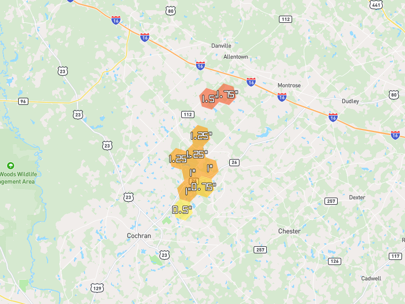 Hail map of Cochran, GA on Jun 30, 2026, hail up to 1.75"