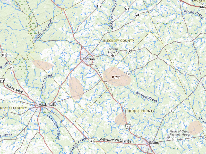 Radar-estimated hail-size map of the storm over Cochran, GA on Aug 6, 2026