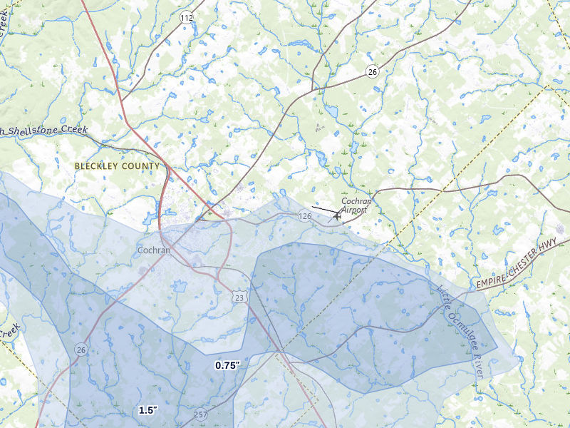 NEXRAD radar-signature map of the hail storm over Cochran, GA on Aug 6, 2026