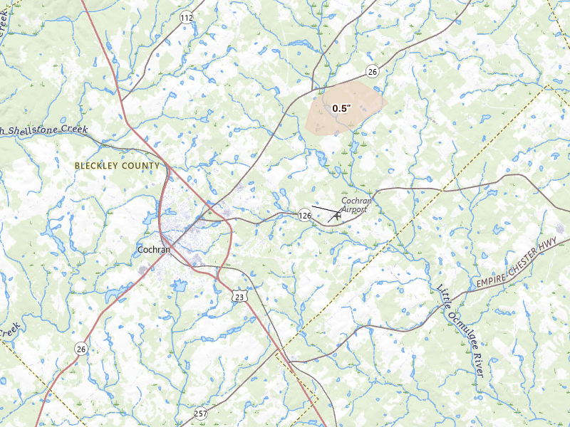 Radar-estimated hail-size map of the storm over Cochran, GA on Aug 21, 2026