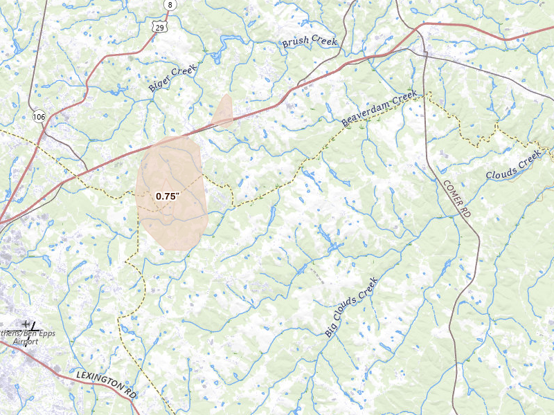 Radar-estimated hail-size map of the storm over Colbert, GA on May 17, 2026