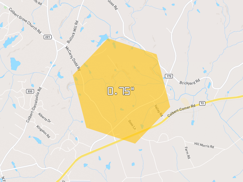 Hail map of Colbert, GA on Jul 10, 2026, hail up to 0.75"