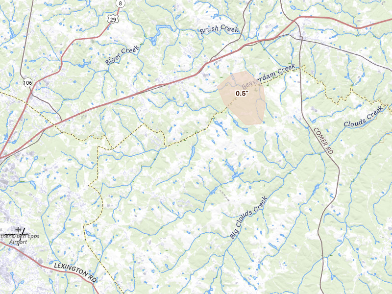 Radar-estimated hail-size map of the storm over Colbert, GA on Jul 18, 2026
