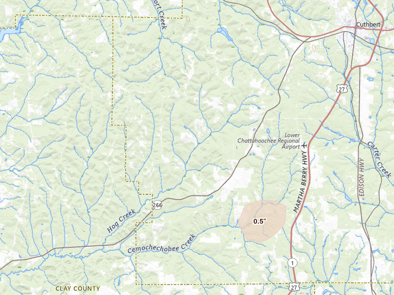 Radar-estimated hail-size map of the storm over Coleman, GA on Aug 14, 2026
