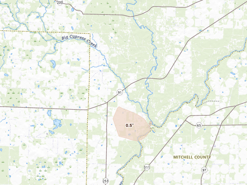 Radar-estimated hail-size map of the storm over Colquitt, GA on Apr 3, 2026