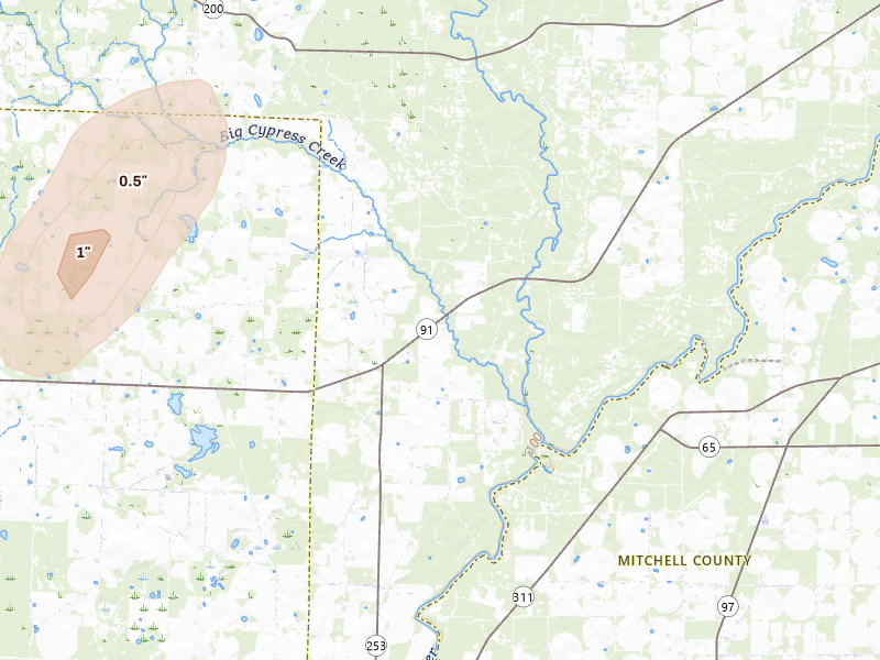 Radar-estimated hail-size map of the storm over Colquitt, GA on May 22, 2026