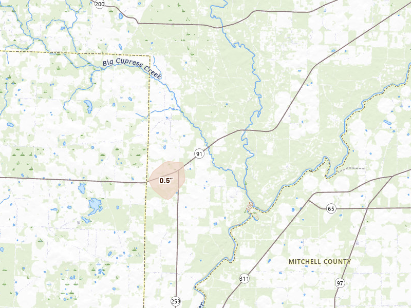 Radar-estimated hail-size map of the storm over Colquitt, GA on Jun 22, 2026