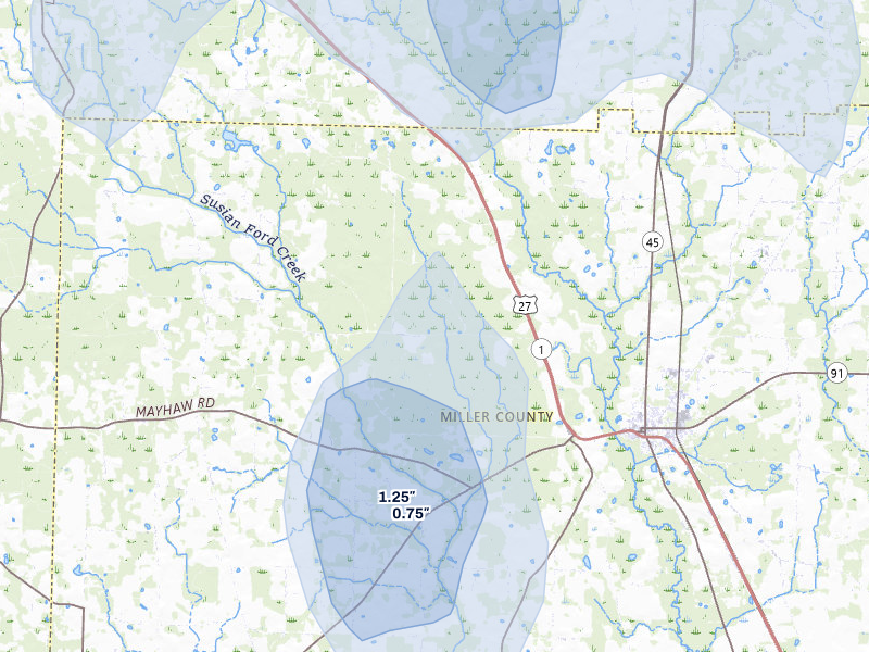 NEXRAD radar-signature map of the hail storm over Colquitt, GA on Aug 12, 2026