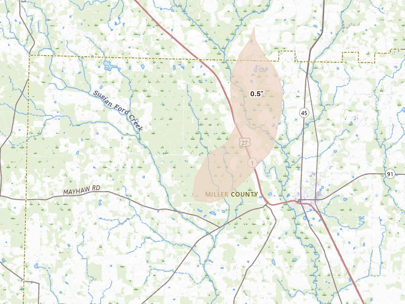 Radar-estimated hail-size map of the storm over Colquitt, GA on Aug 25, 2026