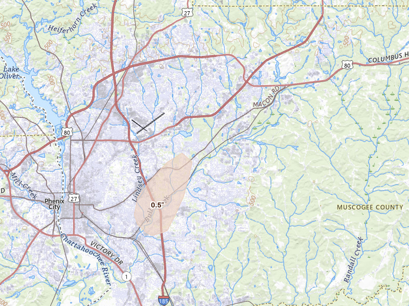 Radar-estimated hail-size map of the storm over Columbus, GA
