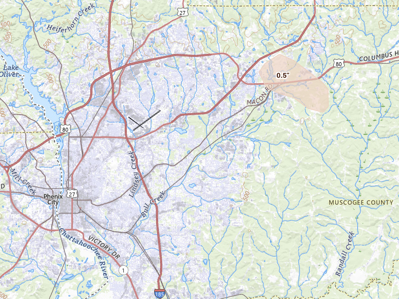 Radar-estimated hail-size map of the storm over Columbus, GA on Jun 1, 2026