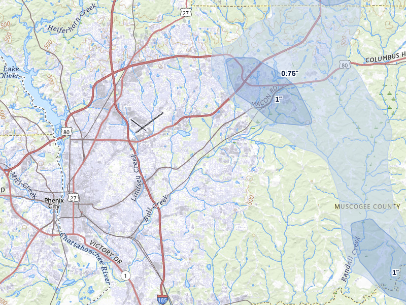 NEXRAD radar-signature map of the hail over Columbus, GA