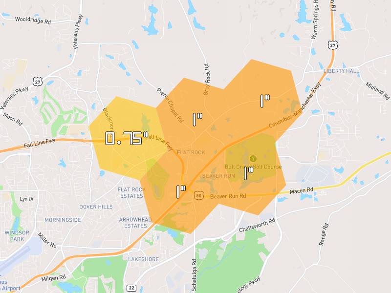 Hail map of Columbus, GA on Jul 5, 2026, hail up to 1"