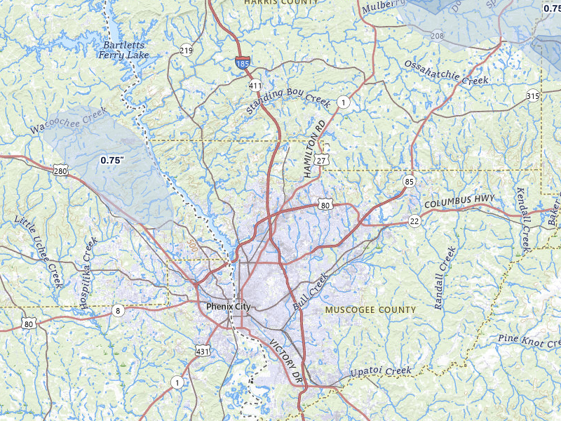 NEXRAD radar-signature map of the hail storm over Columbus, GA on Aug 11, 2026