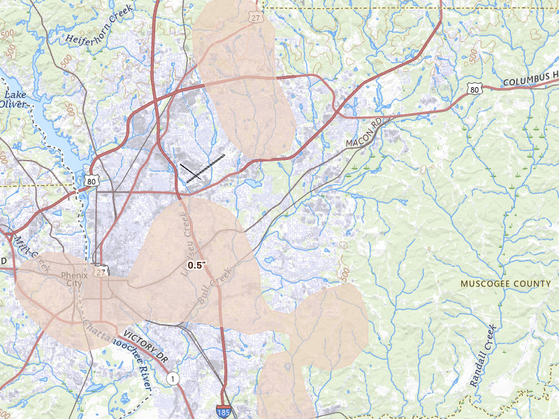 Radar-estimated hail-size map of the storm over Columbus, GA