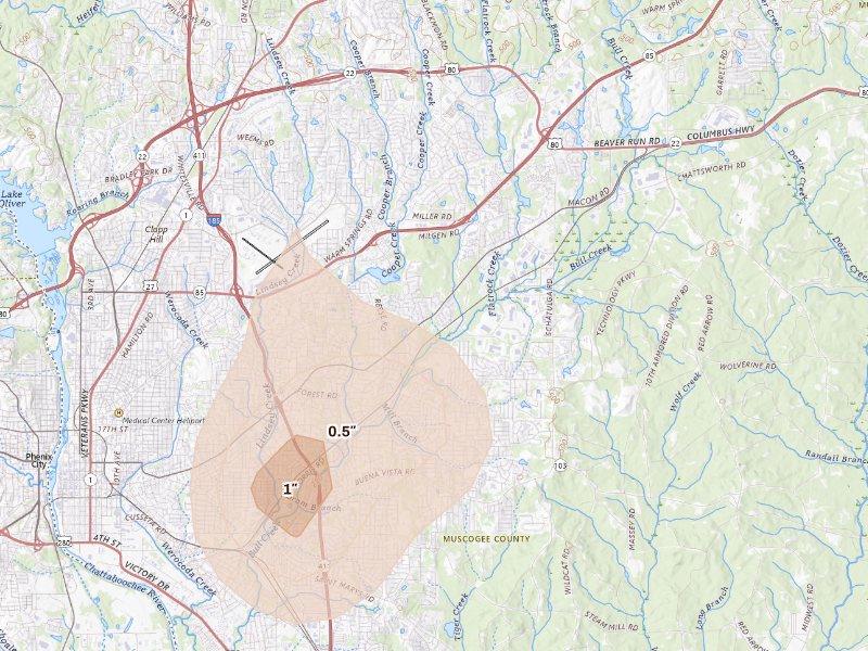 Radar-estimated hail-size map of the storm over Columbus, GA