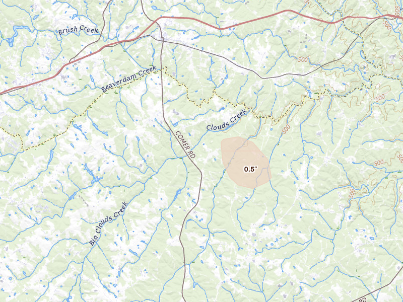 Radar-estimated hail-size map of the storm over Comer, GA on Jul 11, 2026