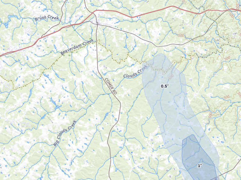 NEXRAD radar-signature map of the hail storm over Comer, GA on Jul 11, 2026