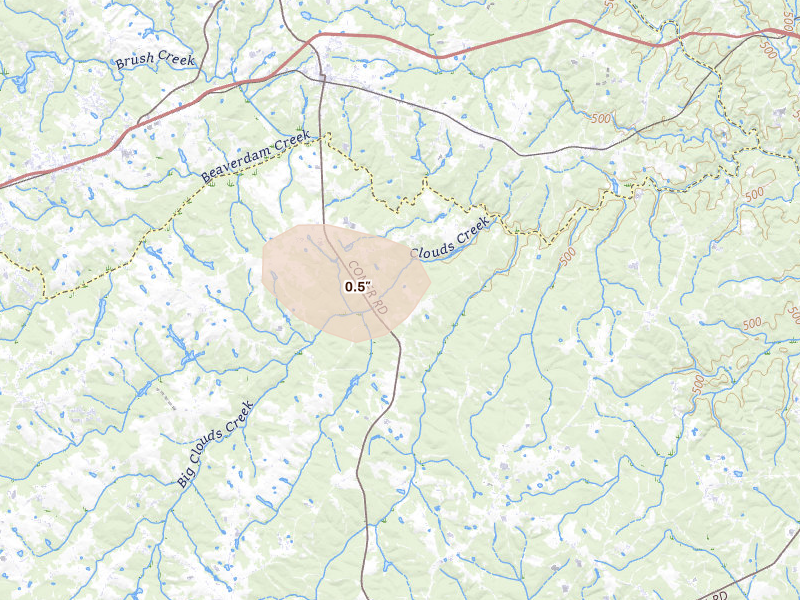 Radar-estimated hail-size map of the storm over Comer, GA on Jul 17, 2026
