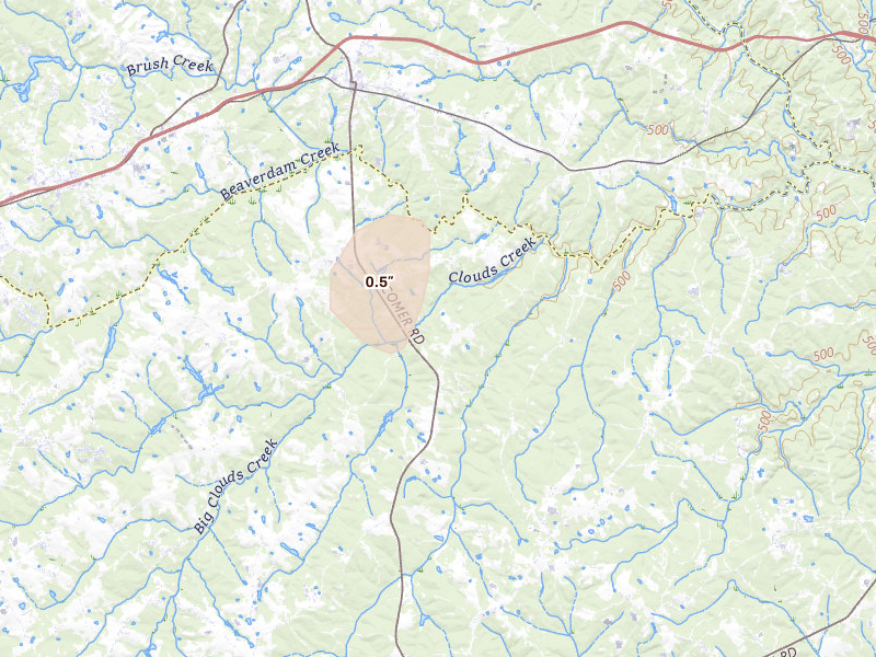 Radar-estimated hail-size map of the storm over Comer, GA on Aug 5, 2026