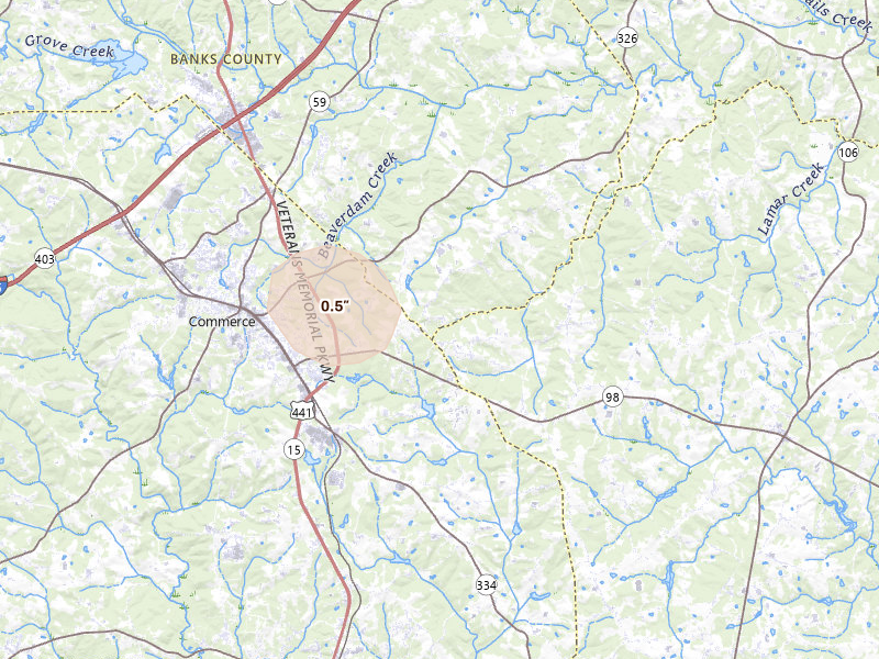 Radar-estimated hail-size map of the storm over Commerce, GA on May 20, 2026