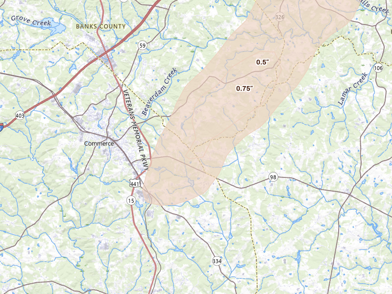 Radar-estimated hail-size map of the storm over Commerce, GA on May 22, 2026