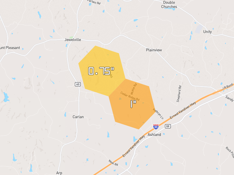 Hail map of Commerce, GA on Jul 3, 2026, hail up to 1"